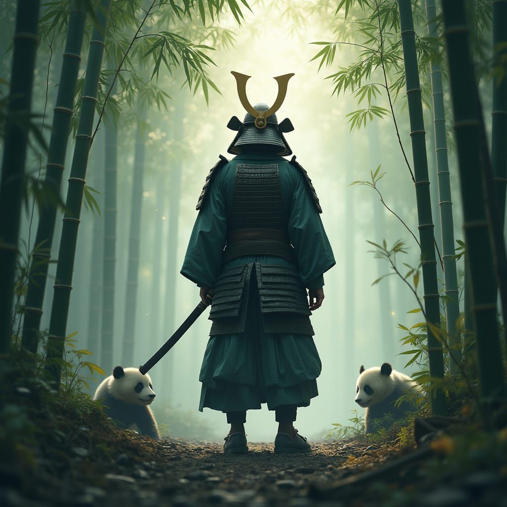 Samurai in Bamboo Forest with Pandas