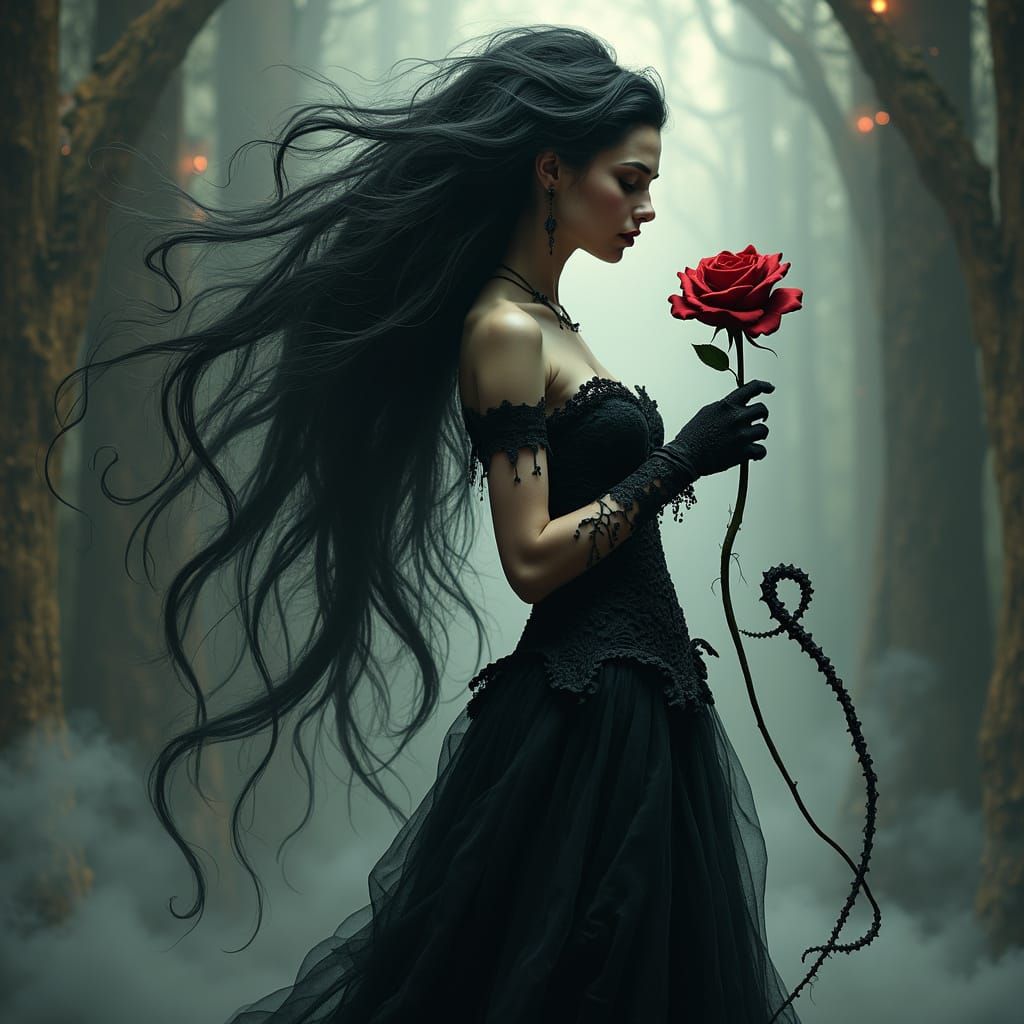 Gothic Octopus Goddess in Victorian Lace with Red Rose