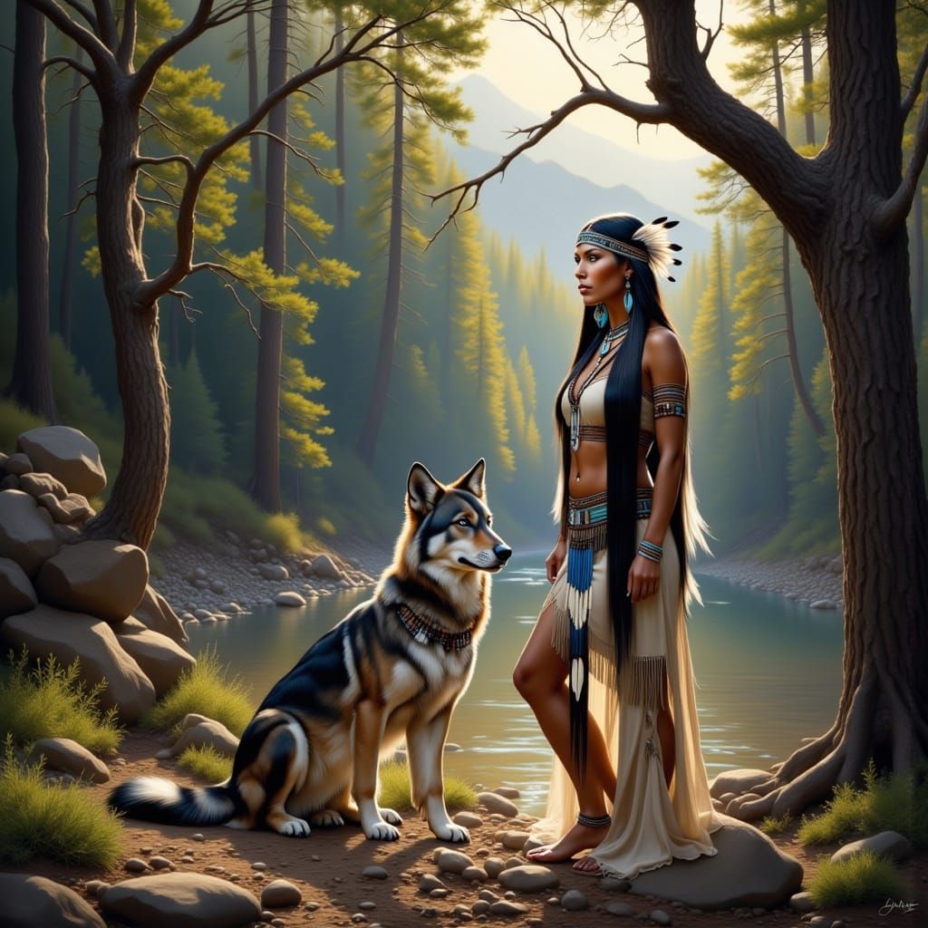 Native American Woman and Alpha Wolf in Forest Clearing