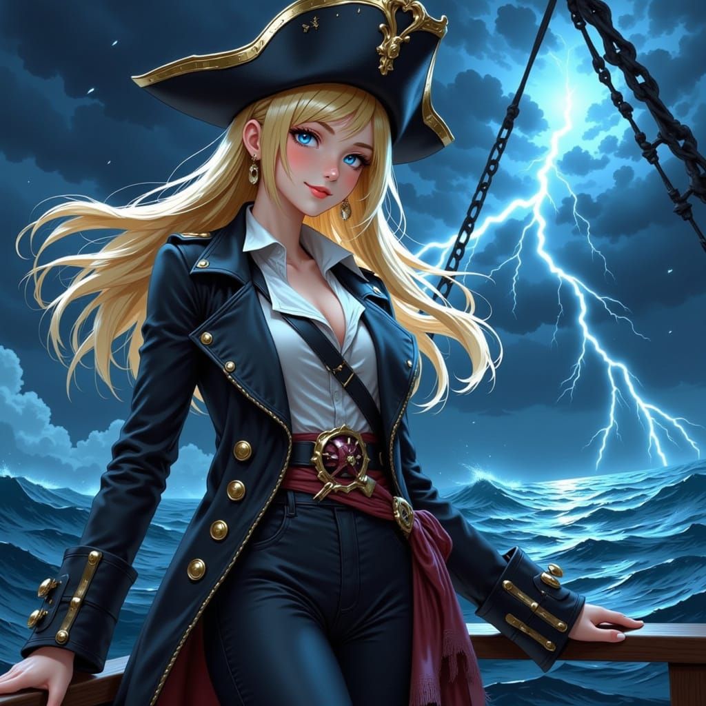 Ethereal Pirate Woman in a Storm, Anime 3D Style
