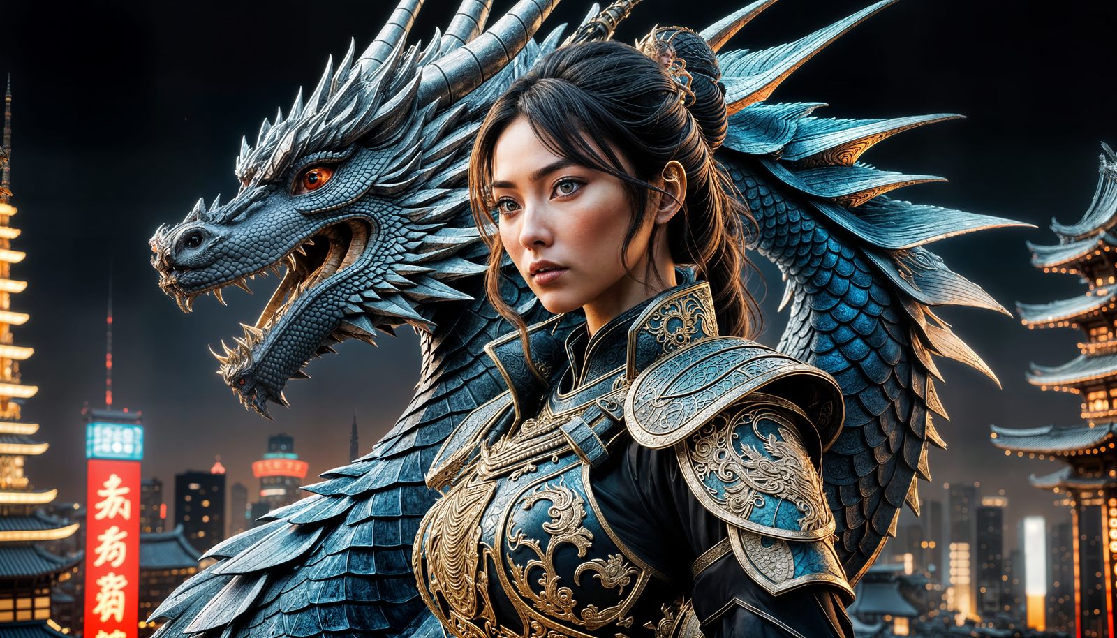 Stunning Samurai Warrior Rides Majestic Dragon Over Futurist...