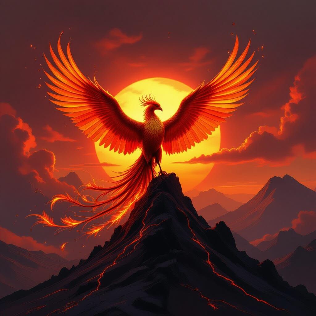Molten Gold Phoenix on Volcanic Peak