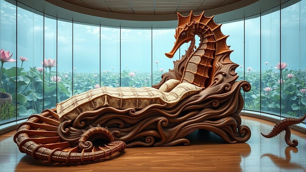 Realistic Wooden Seahorse Bed in a Glass Room with Water Vie...