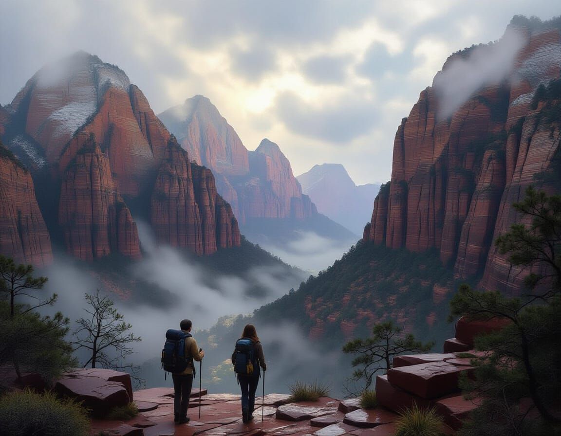 Hikers at Zion National Park in Impressionistic Style
