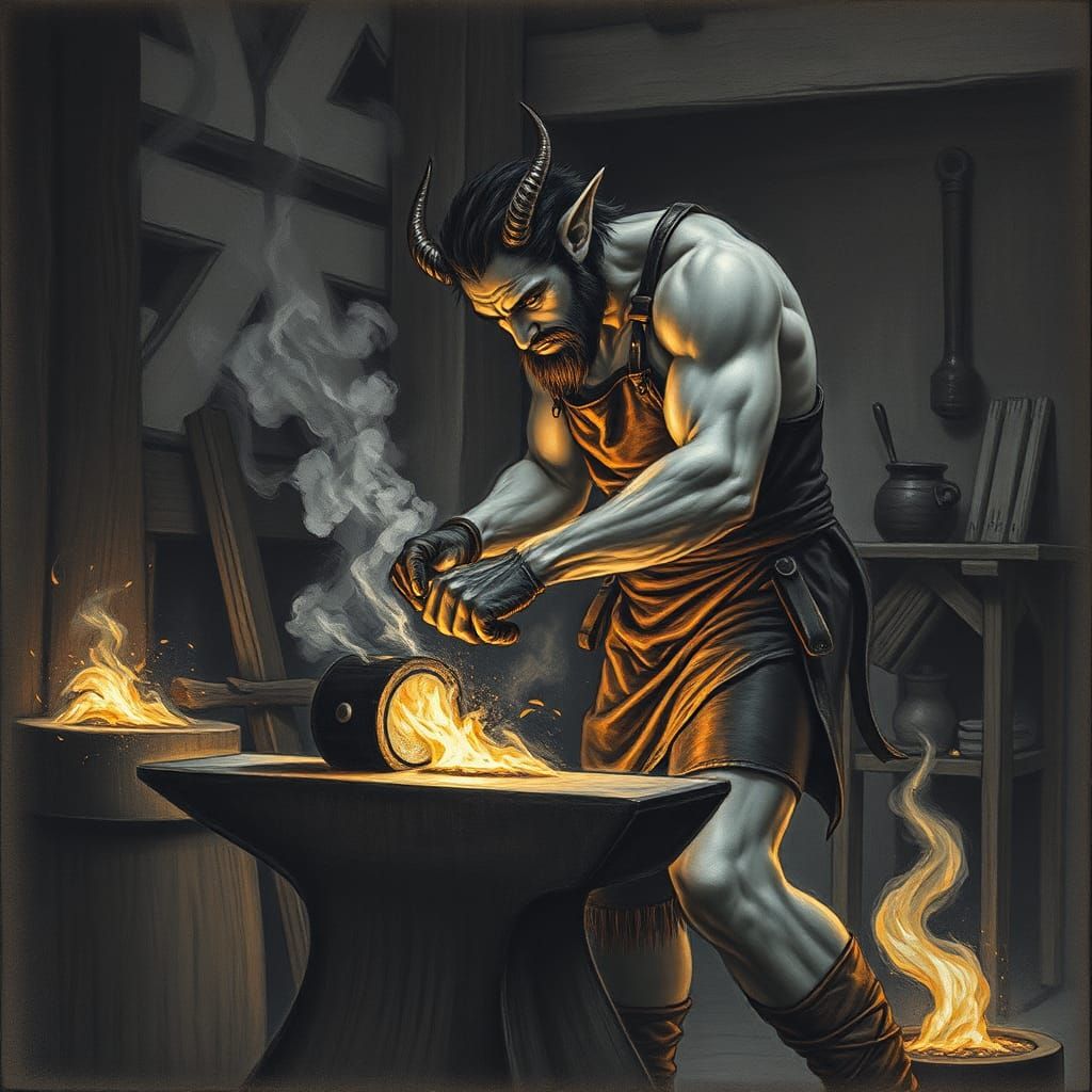 Faun Blacksmith in Hyper-Detailed Charcoal Drawing Style