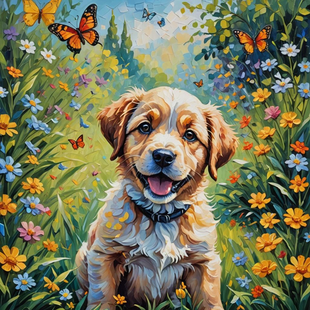 Puppy and Butterfly in Expressionist Oil Painting