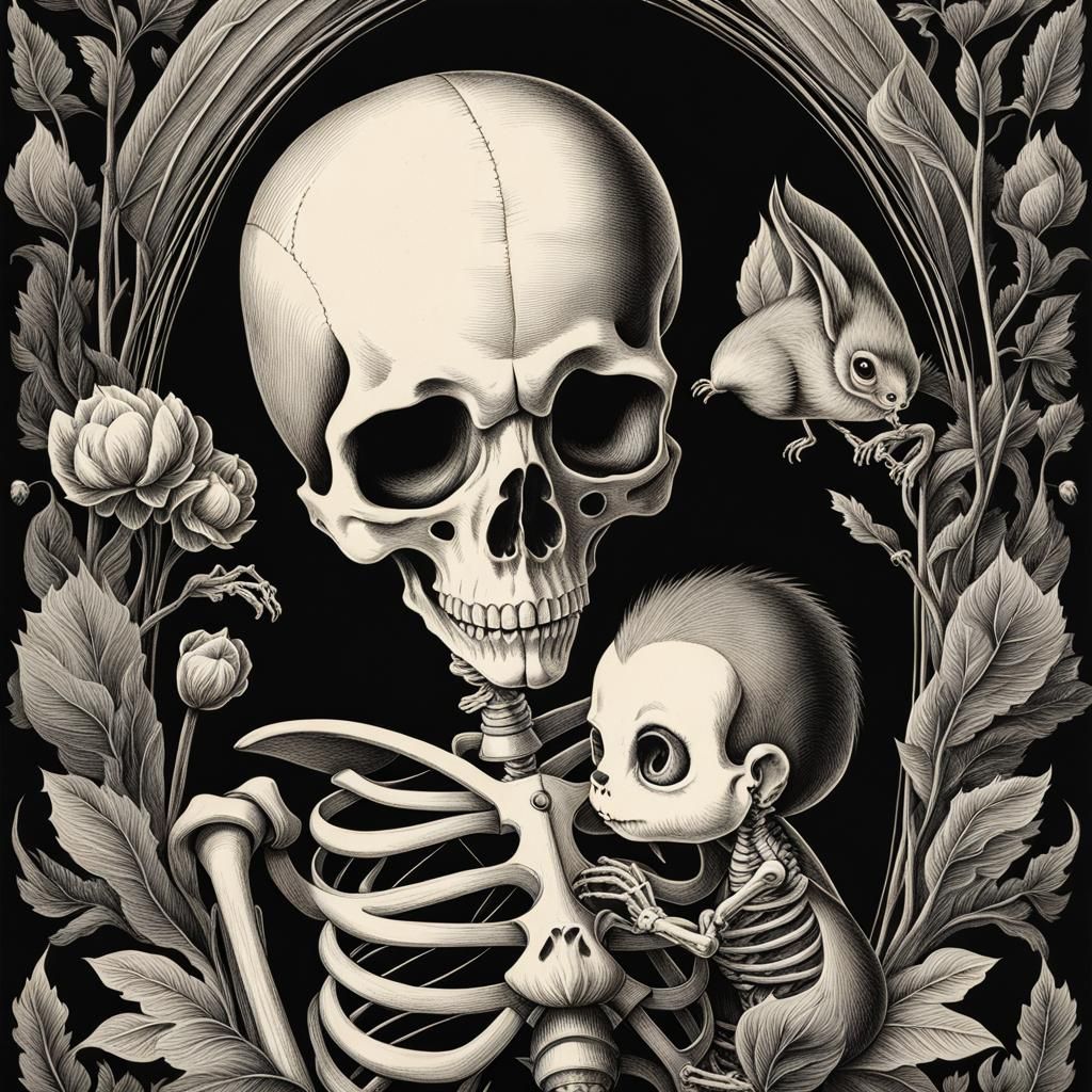 Detailed Lithograph portrait of a skeleton holding a cute baby squirrel