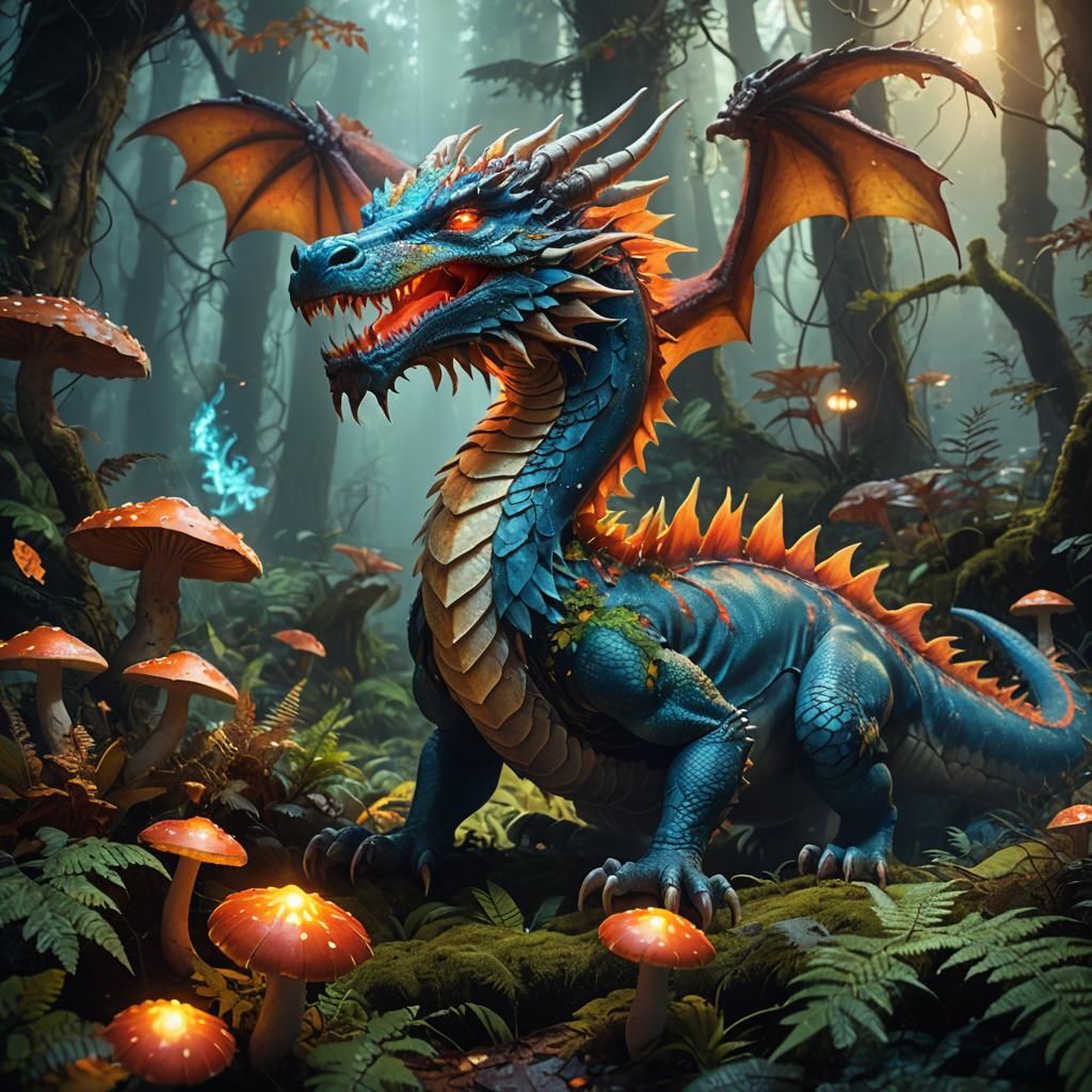 Mystical Forest Dragon with Fluorescent Mushrooms
