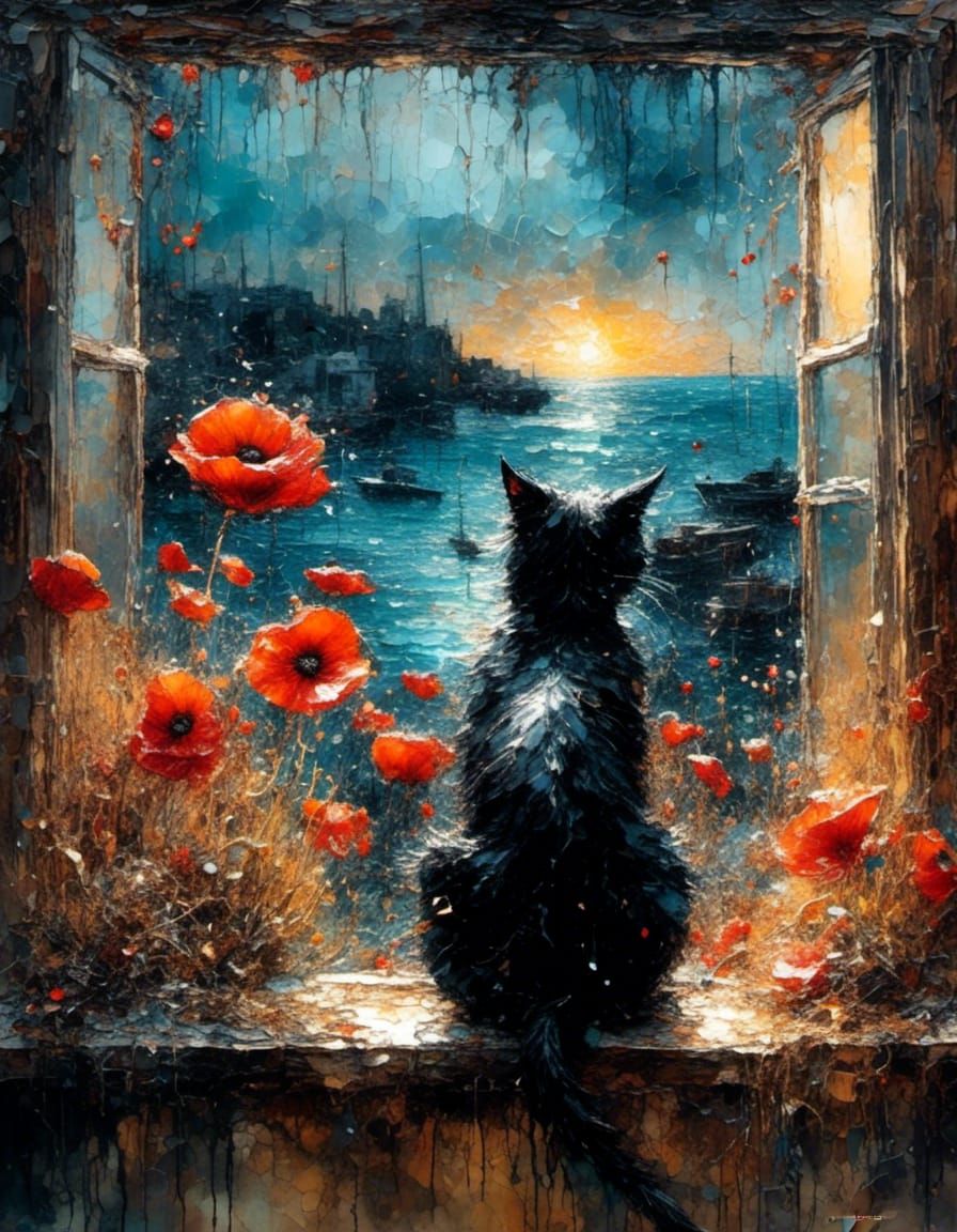 Black Cat Gazing at Rainy Beach, Impasto Oil Painting