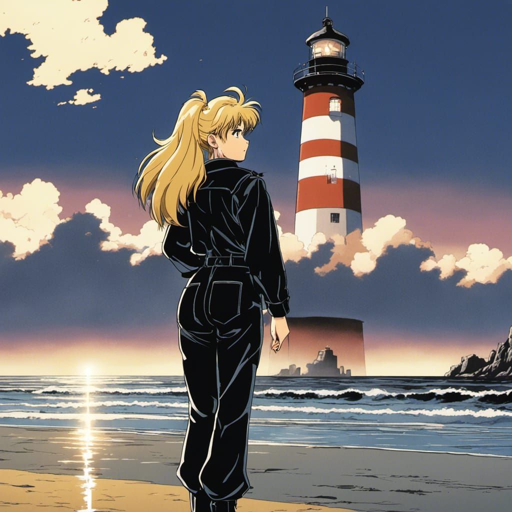 Anime Woman on Rainy Beach in Retro Style