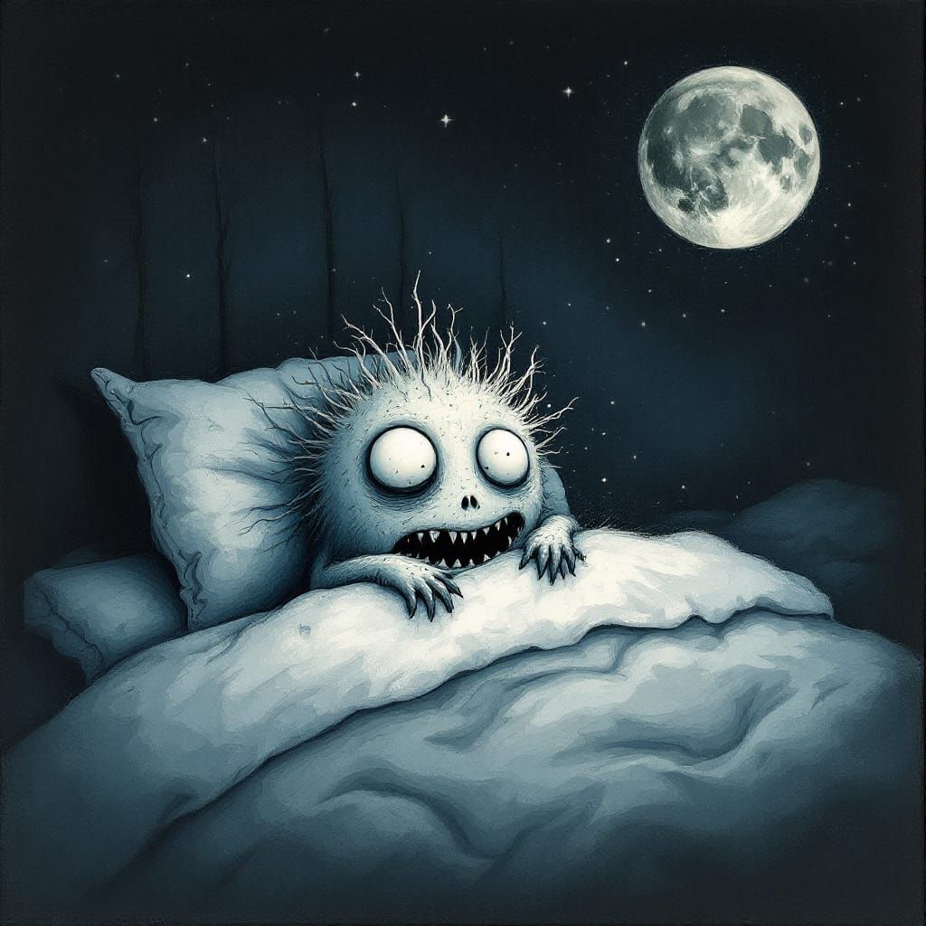 Cute Monster Sleeping Under Bed, Whimsical Illustration