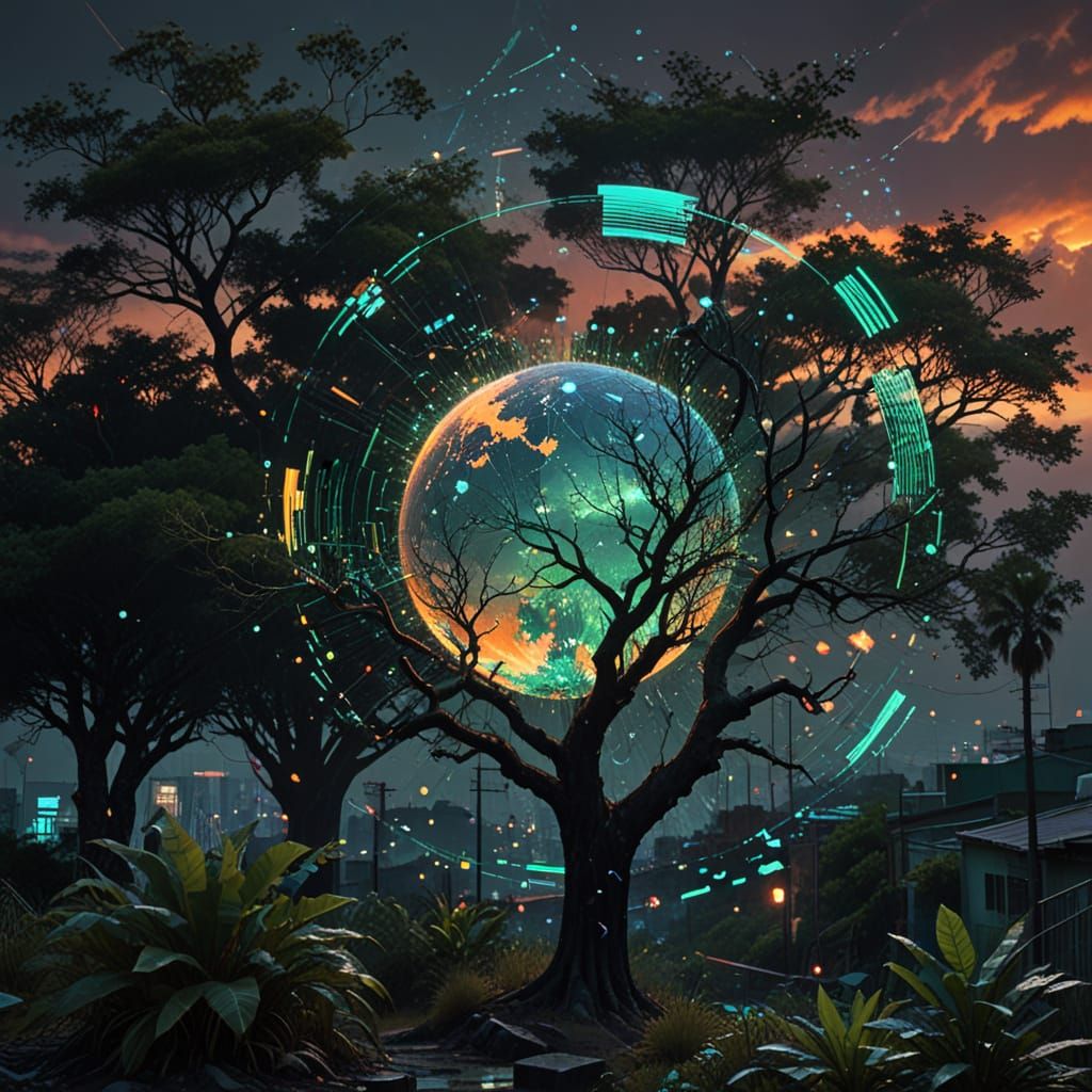 Dramatic Sunset Through Urban Silhouette in Glitchcore Style