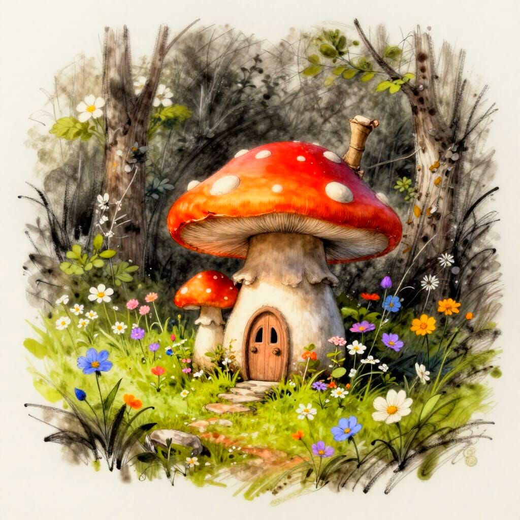 Fairytale Mushroom House in Lush Forest, Spring Color Splash