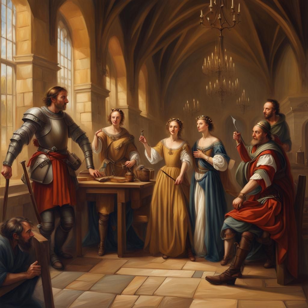 Medieval Adventurers Celebrate Victory in Palace