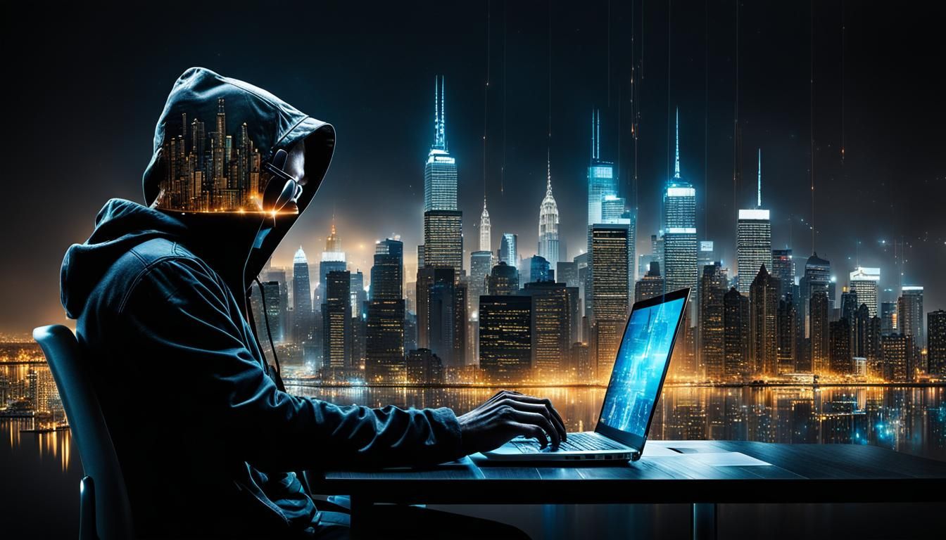 Hacker Silhouette Merged with Vibrant Cityscape