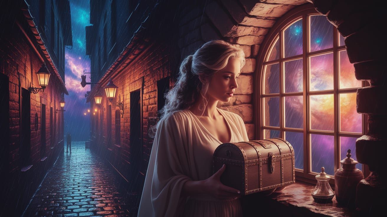 Luminous Tavern Window on Rainy Night with Cosmic Secrets