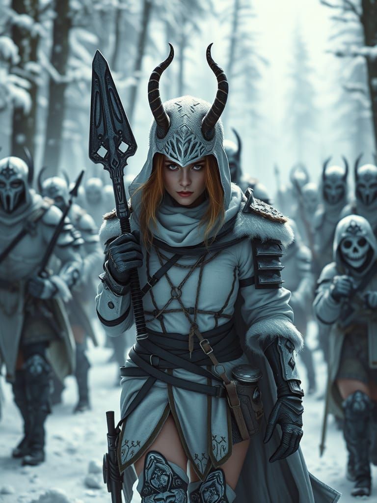 Warrior Woman Leads Army in Dark Realism Style