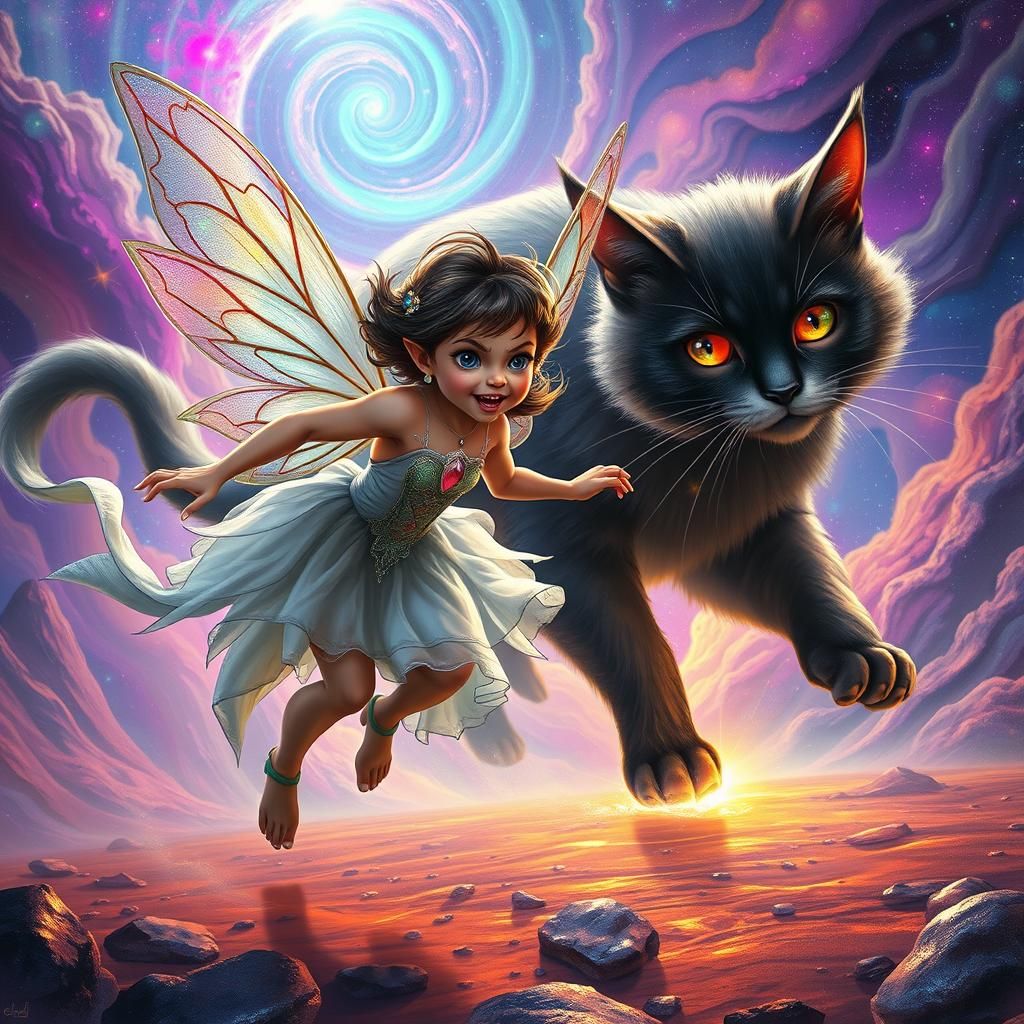 Terrified Fairy Runs from Giant Cat: Astral Illustration