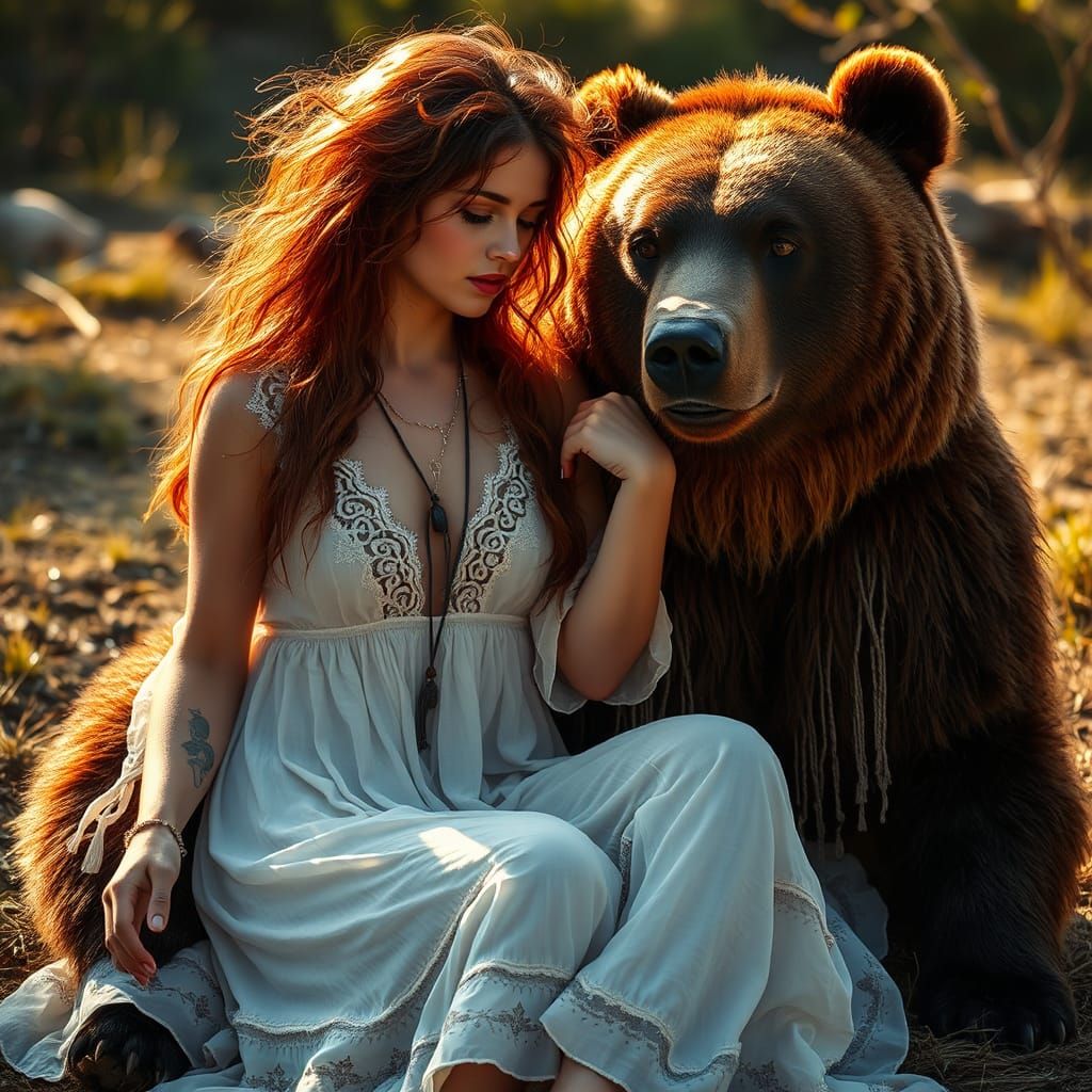 Woman and Bear in Forest Clearing: Chiaroscuro Style