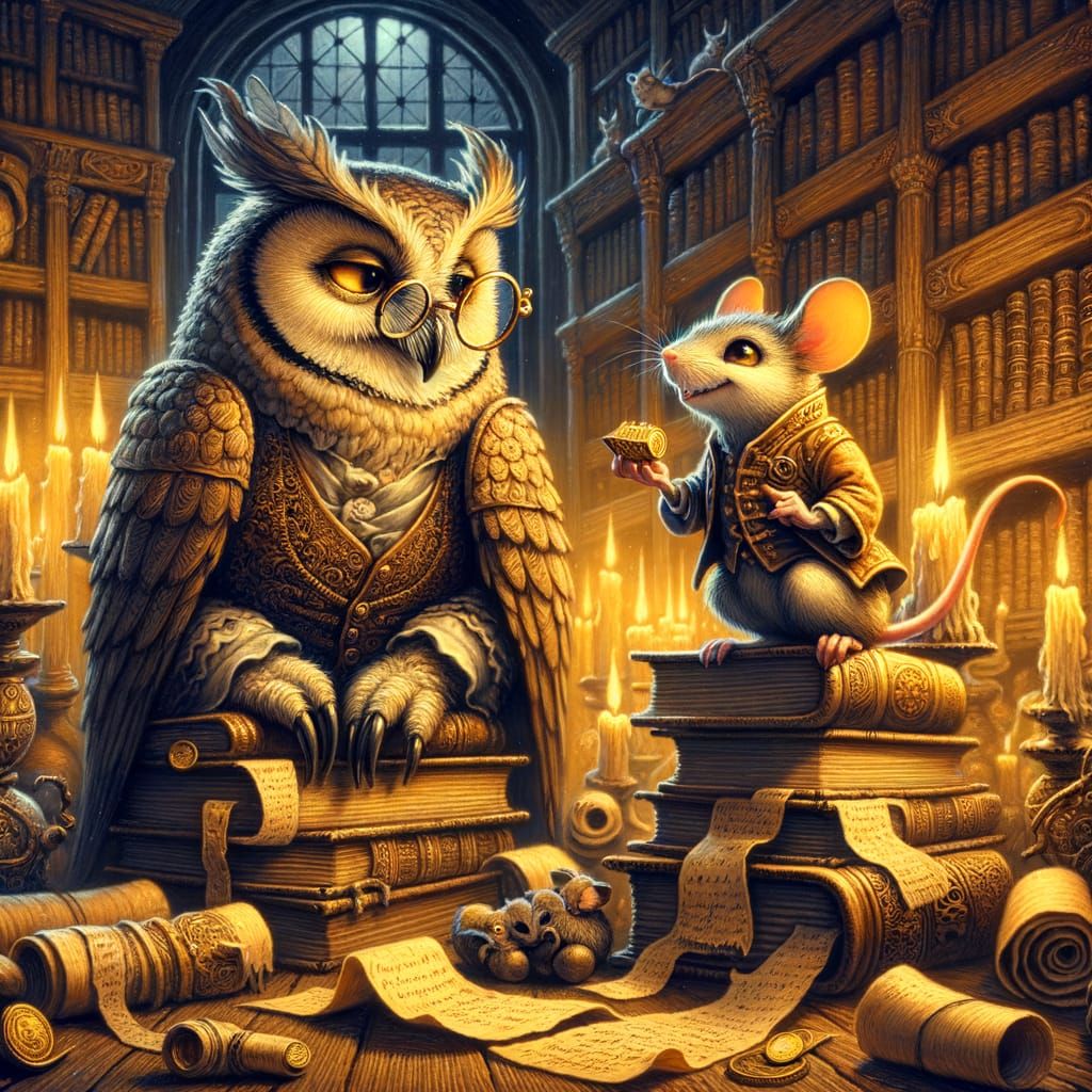 Scholar Owl and Mouse Bandit in Cozy Library