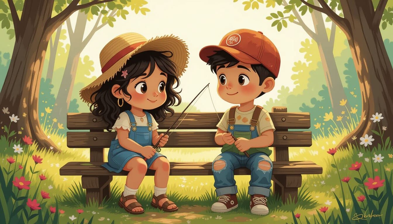 Whimsical Caricature: Children Fishing in Thorn Sketch Style