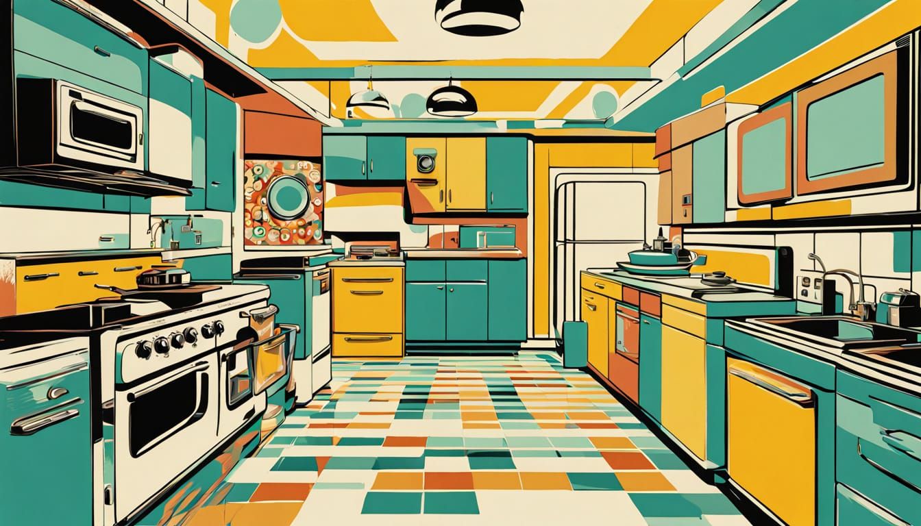 Retro-Futuristic Kitchen Scene in Mid-Century Modern Style