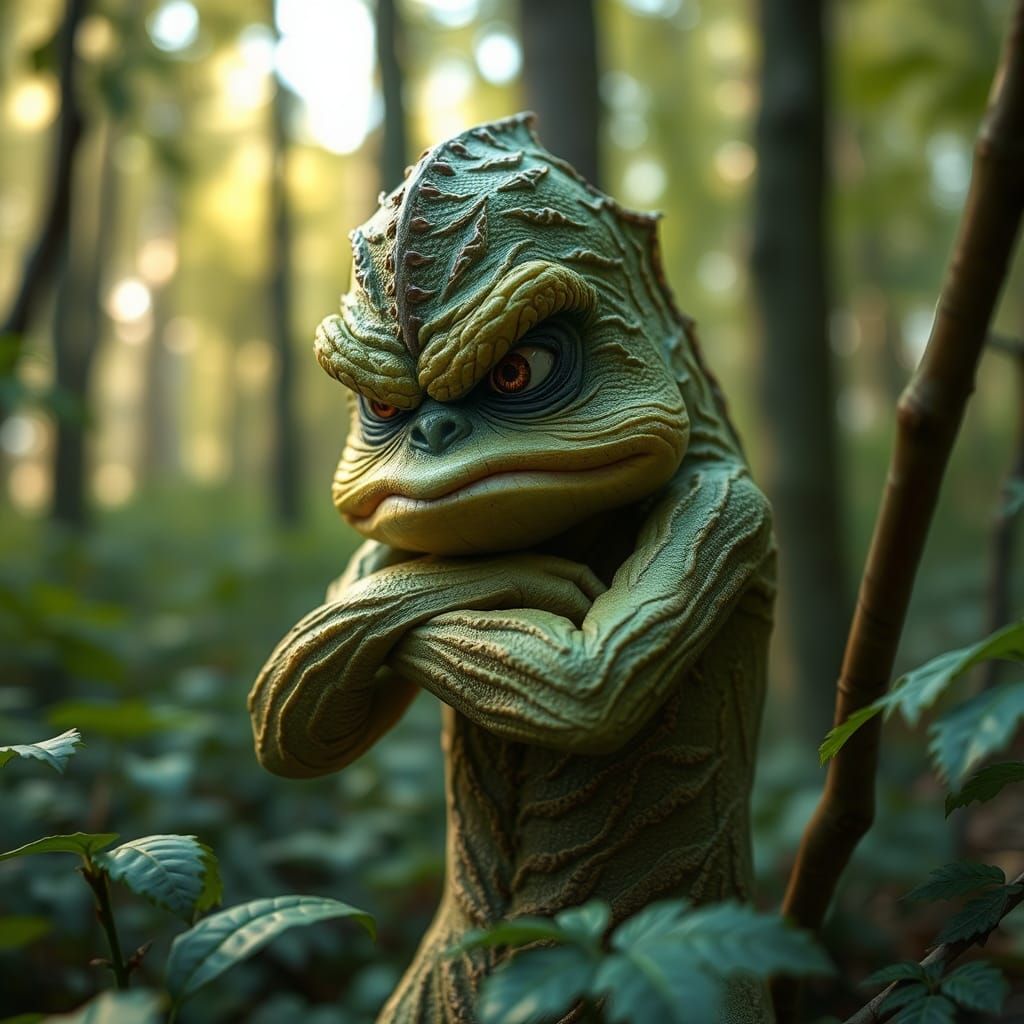 Grumpy Leaf Character in 3D Forest Scene
