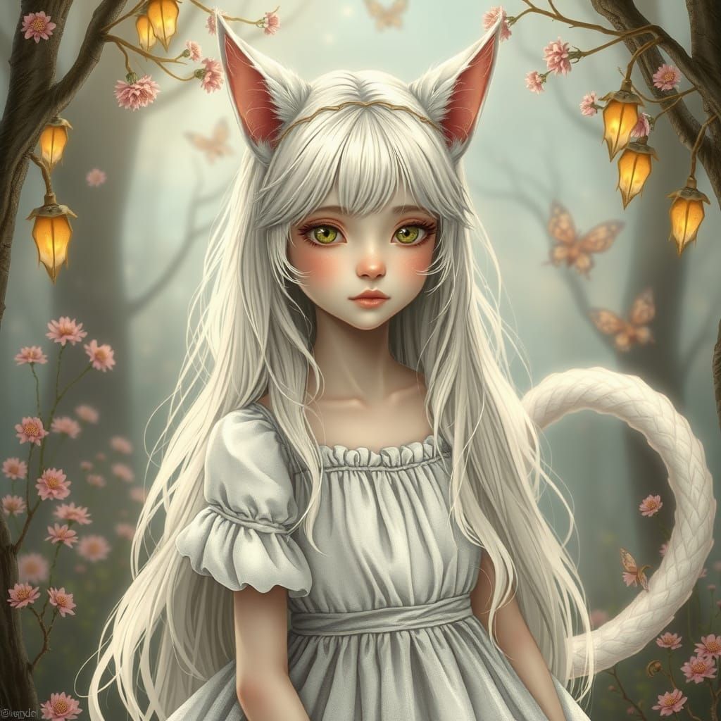 Ethereal Cat-Girl in Dreamlike Fantasy Setting