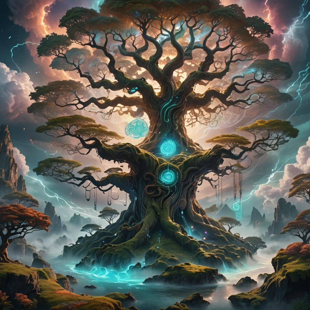 Floating Island Tree with Glowing Runes