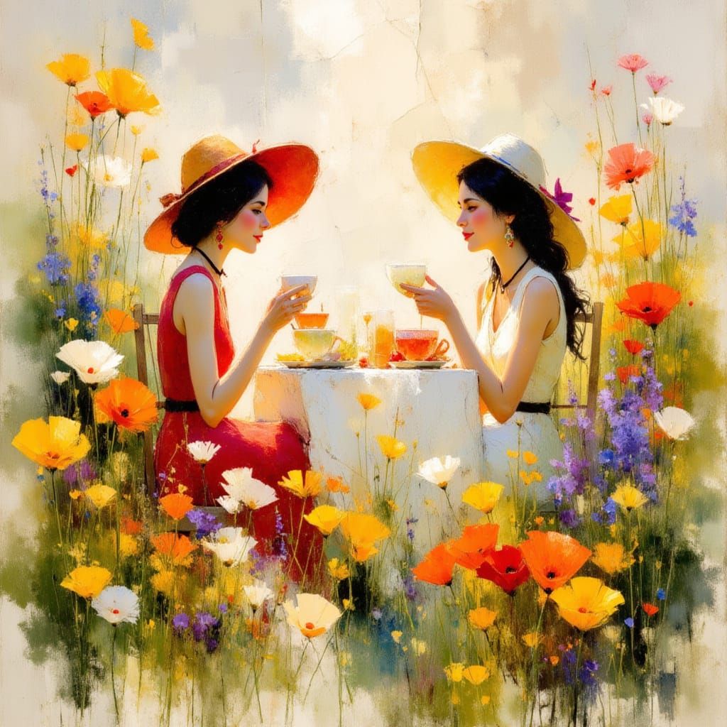 Young Women's Tea Party in Impressionist Flower Field