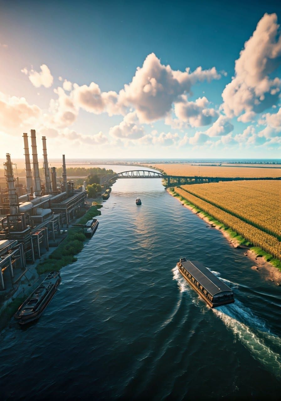 River Landscape with Chemical Plant and Cornfield