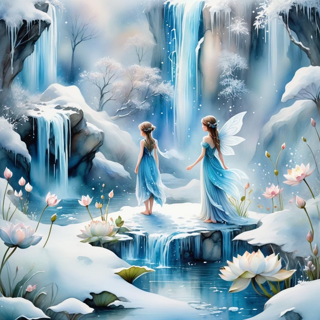 Icy Fairy in Dreamy Watercolour Fantasy Landscape