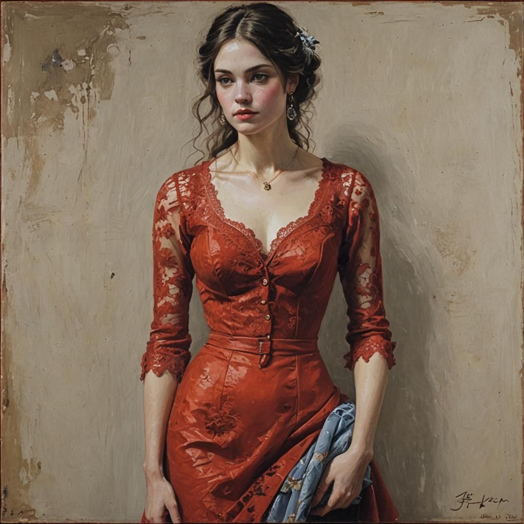 Model in Red Lace Bodice: Oil Painting