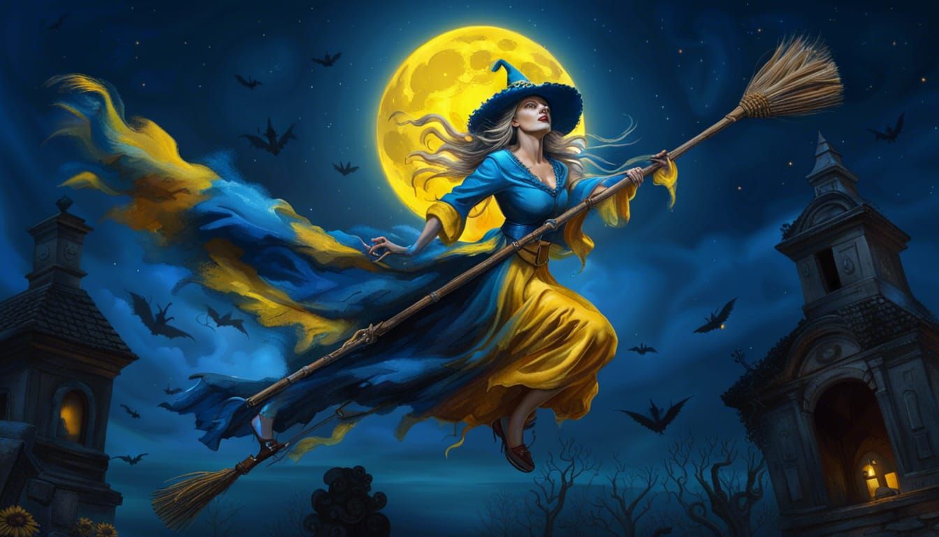 Ukrainian Halloween Witch Flying Over Cemetery