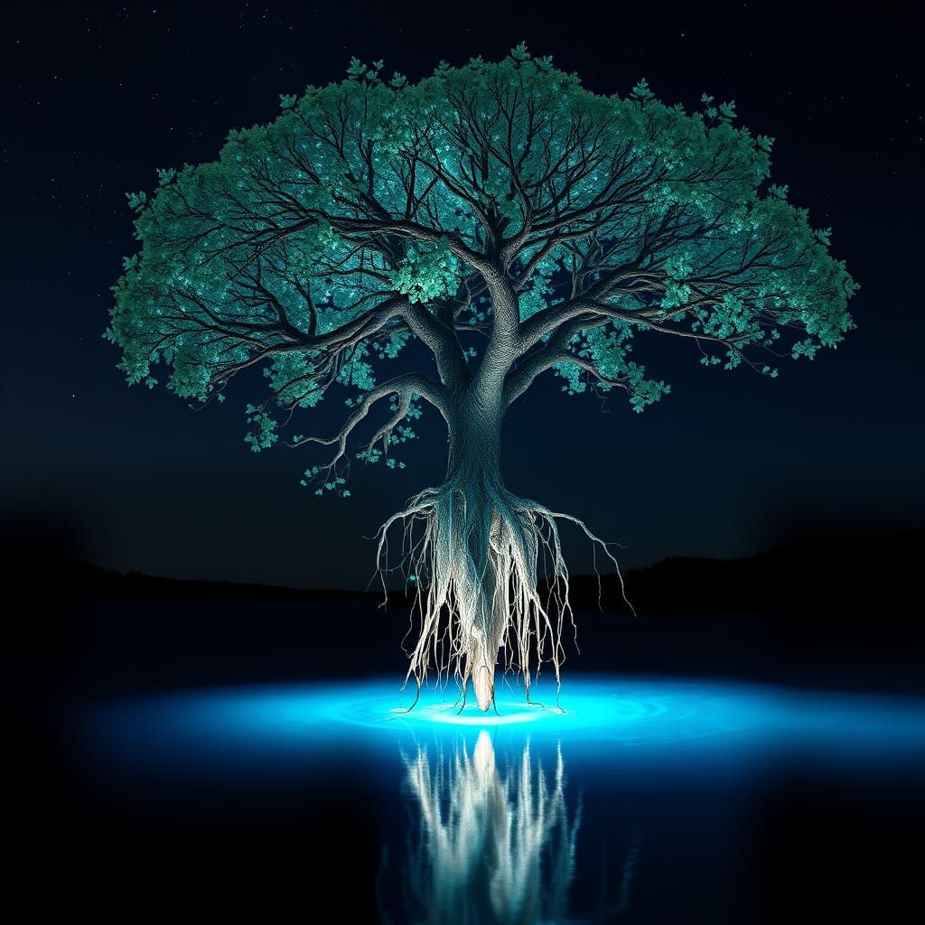 Surreal Tree Suspended Above Glowing Lake in a Dreamlike Moo...
