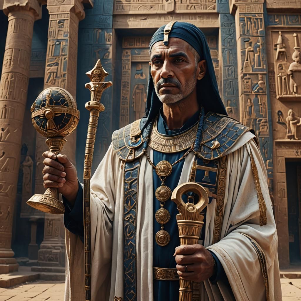 Egyptian Priest Portrait with Ankh Scepter, Digital Art