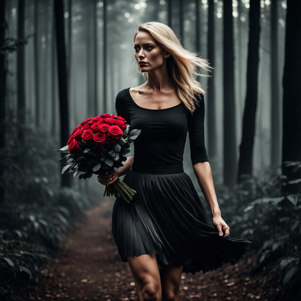 Woman with Roses in Dark Forest: Hyperrealistic Image