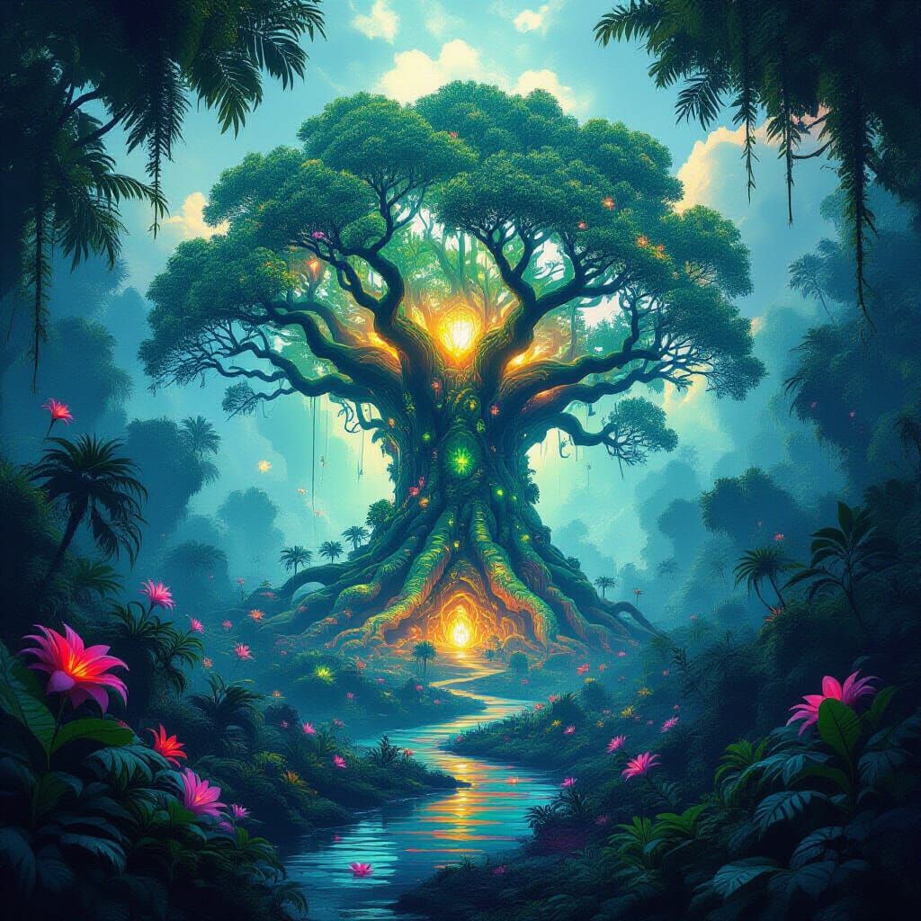 Alien Jungle With Luminescent Flora and Ancient Tree