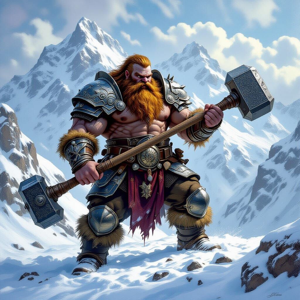 Dwarf Warrior on Mountain Peak: Photorealistic Dark Fantasy