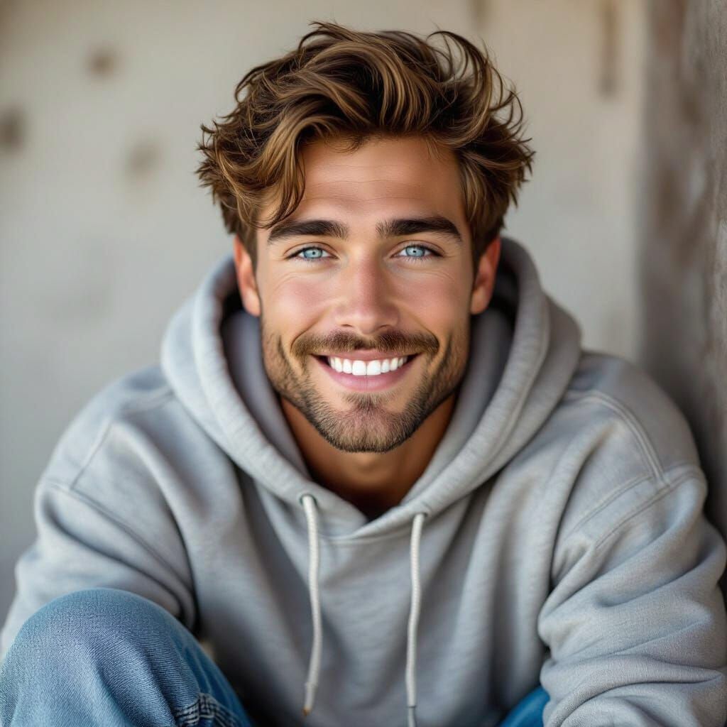 Hot Guy with Blue Eyes in Hoodie, Cinematic Photo