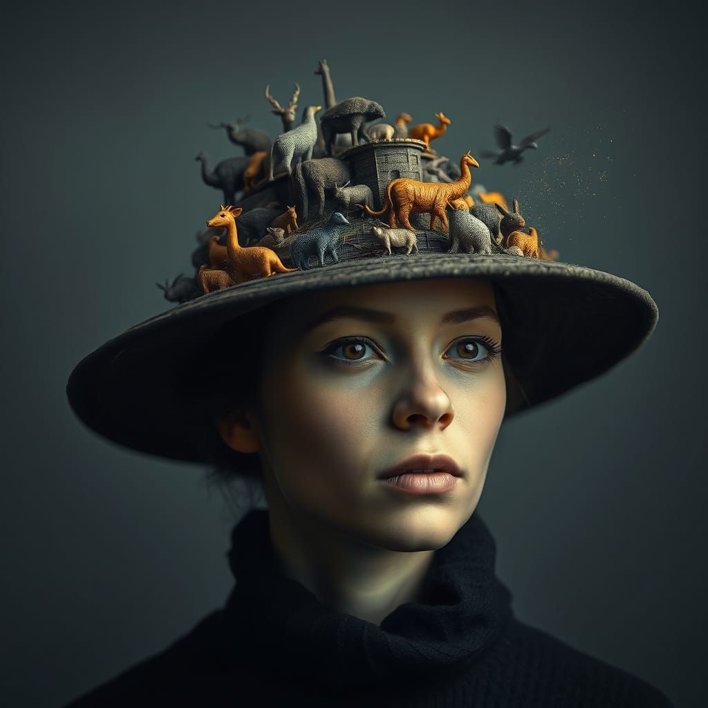 Dreamy Portrait With Miniature Zoo Hat