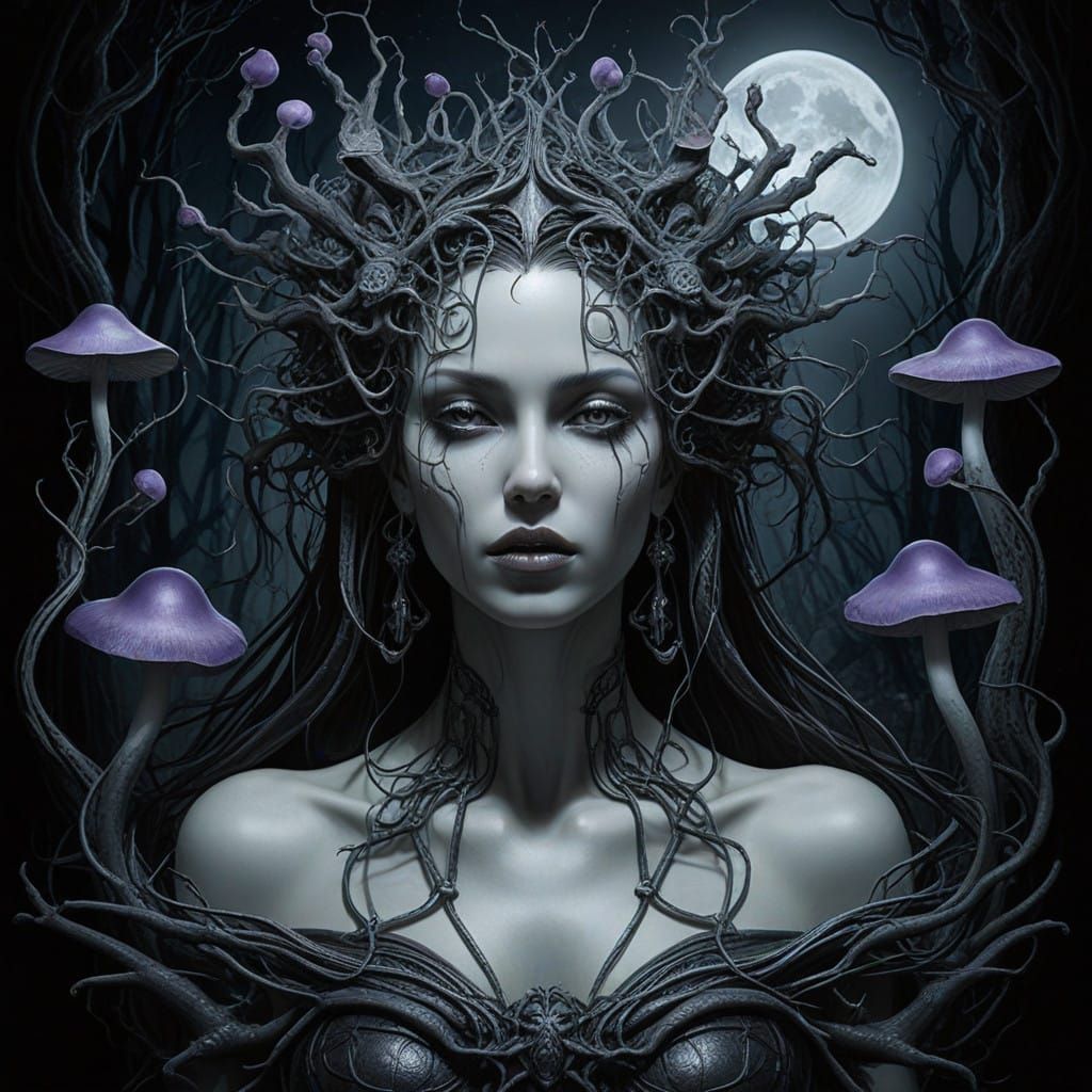 Surreal Unseelie Goddess Emerges in Lavender Mist