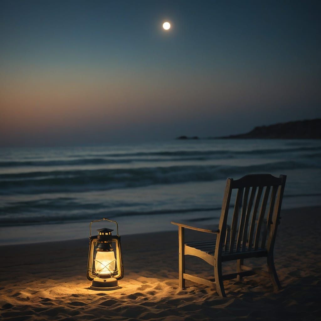 Moonlit Beach with Lantern: A Night of Serenity