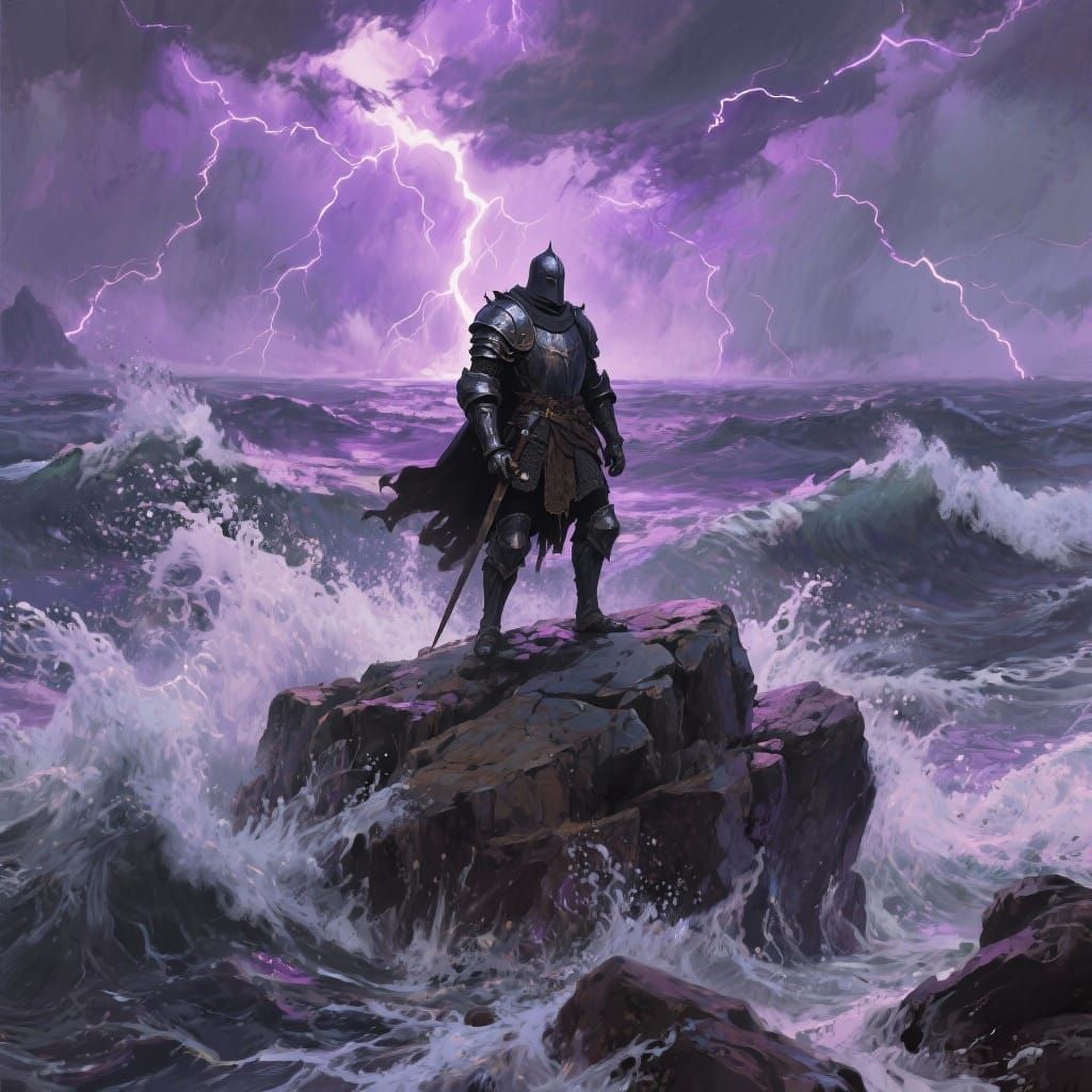 Lone Knight Against Stormy Sea - Epic Fantasy Art