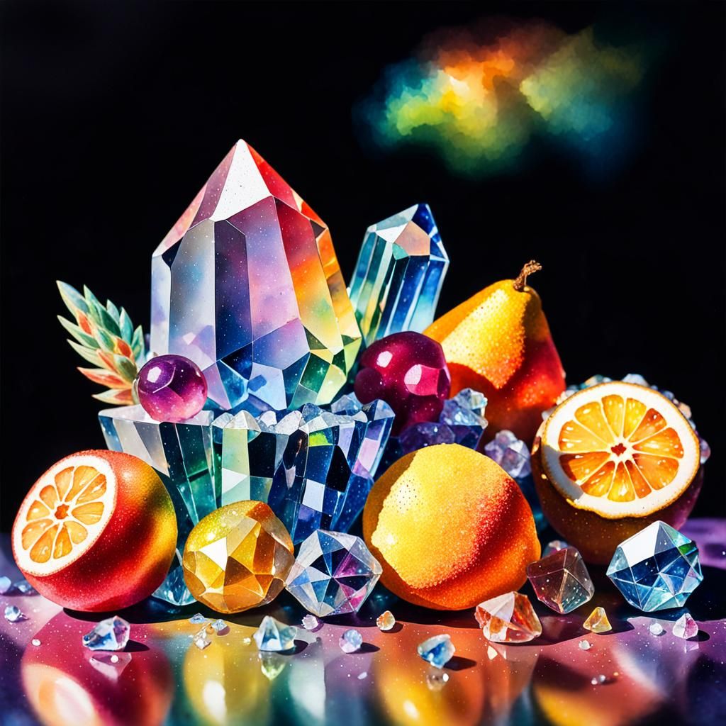Watercolor Still Life of Crystal Fruits with Rainbows