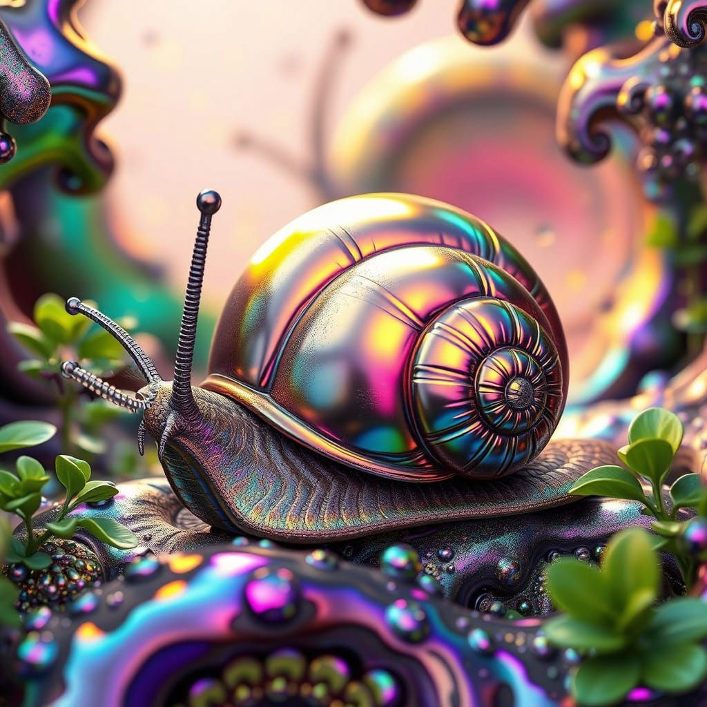 Epic Metallic Snail Amidst Bismuth Fractals in Vibrant Hyper...
