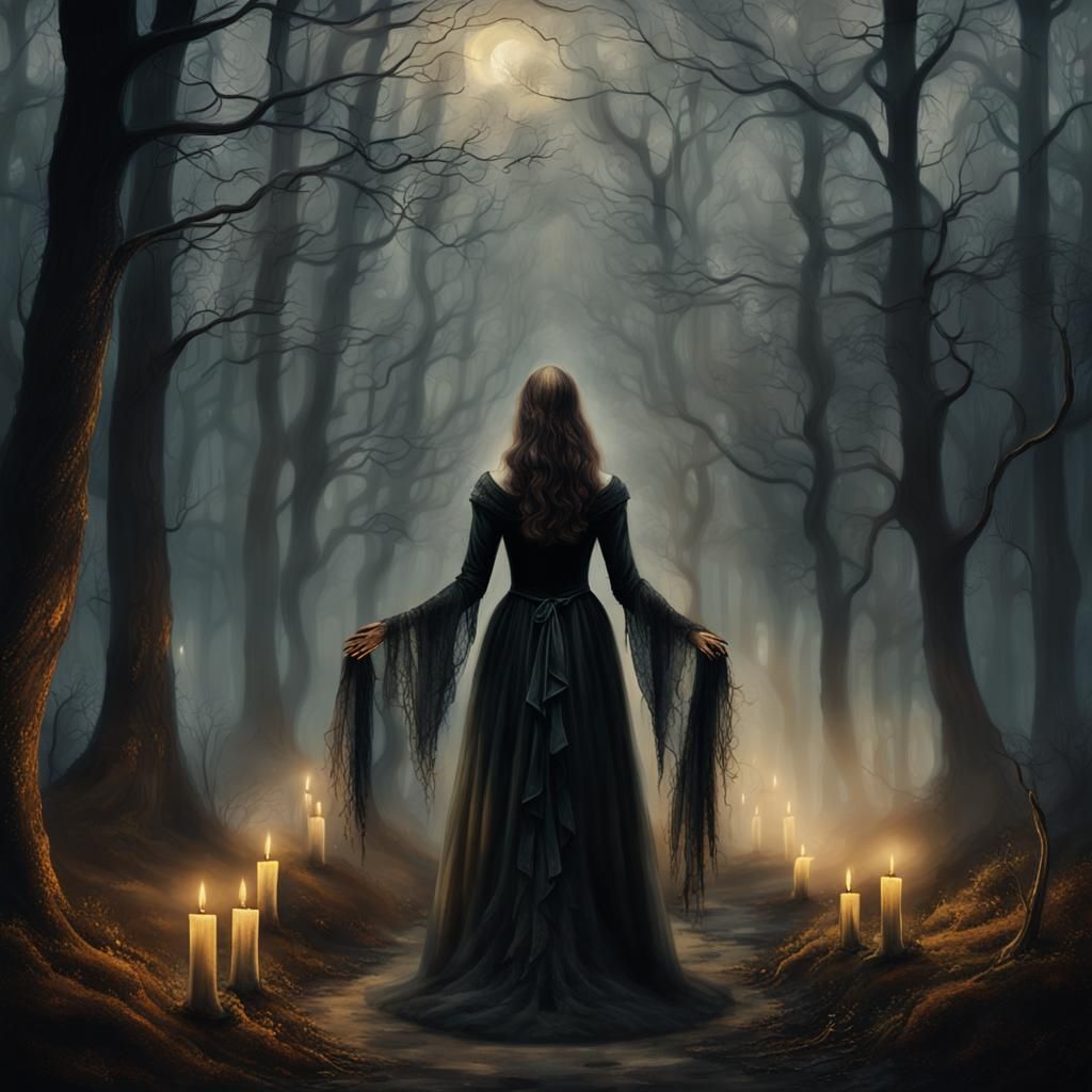 Ethereal Witch in Misty Forest Oil Painting