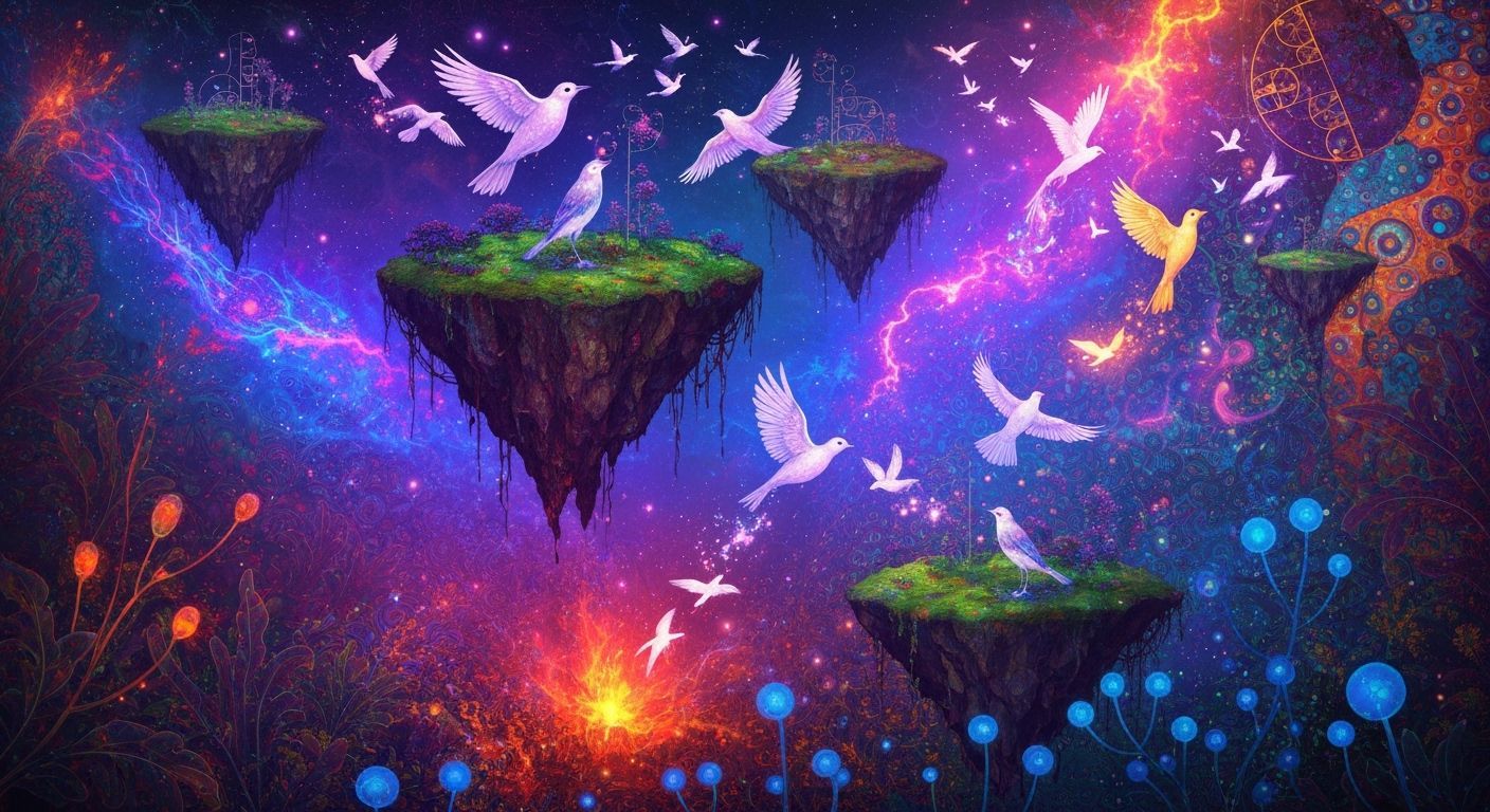 Ethereal Floating Islands with Glowing Birds