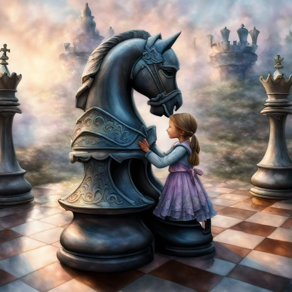 Cute Girl Hugs Giant Knight Chess Piece on Ethereal Board