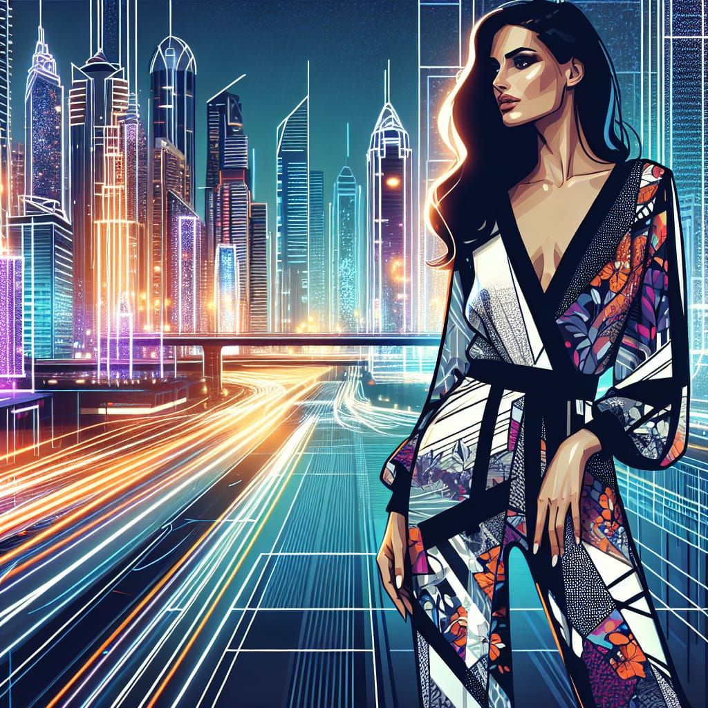 Beautiful Woman Walks Under Neon City Lights in Neo-Geo Styl...